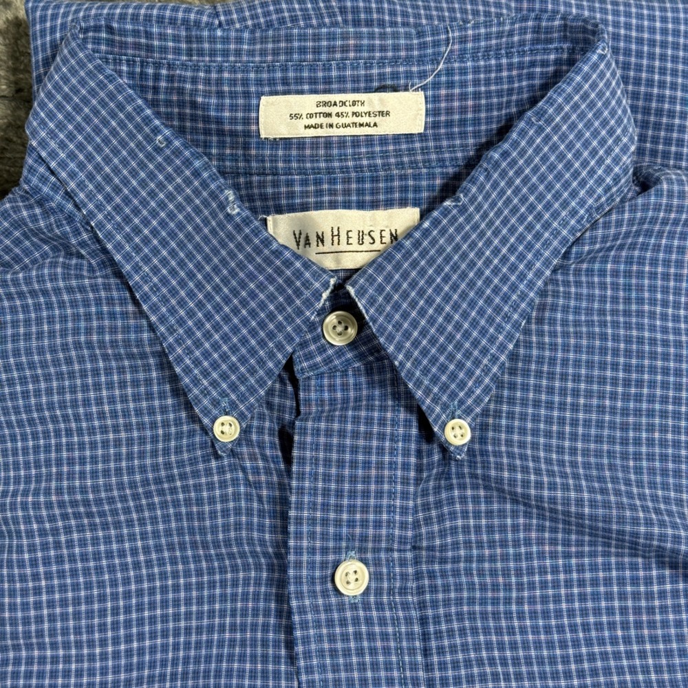 Van Heusen Button Down Shirt Mens XL Blue Micro Check Short Sleeve Broadcloth